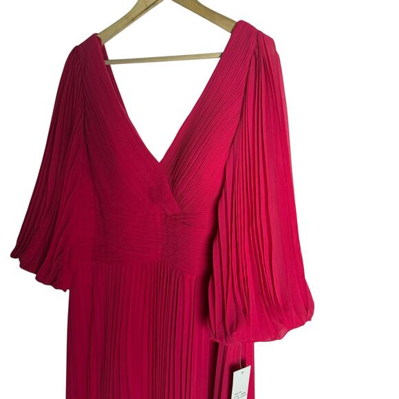 Teri Jon by Rickie Freeman Fuchsia Chiffon Pleated V-Neck Long Sleeve Gown 18 - Picture 8 of 16
